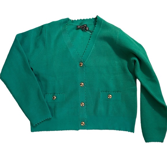 Adrianna Papell Kelly Green cardigan w/ gold buttons and scalloped trim NEW!! - Picture 1 of 12